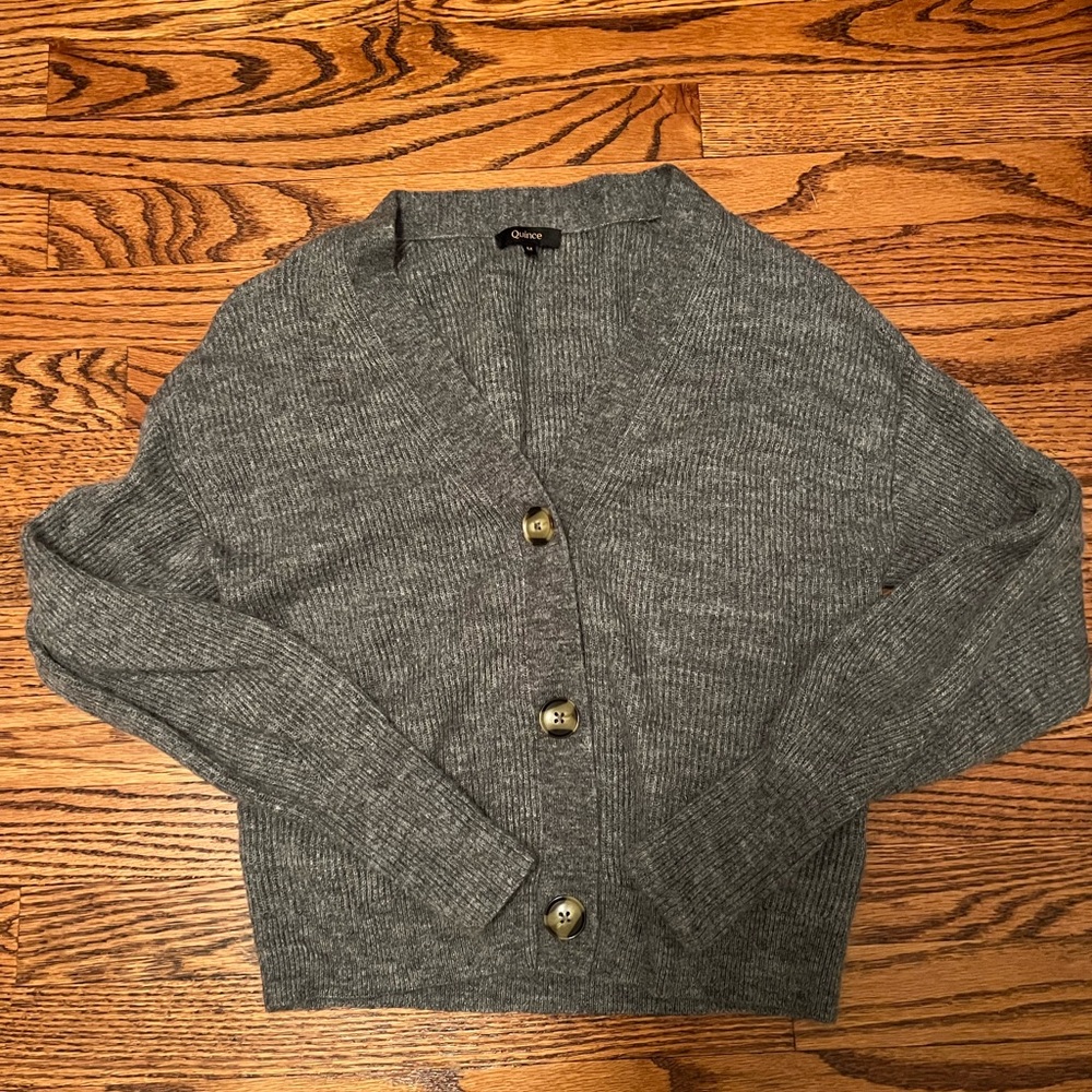 Quince Gray Ribbed Button-Front Cardigan